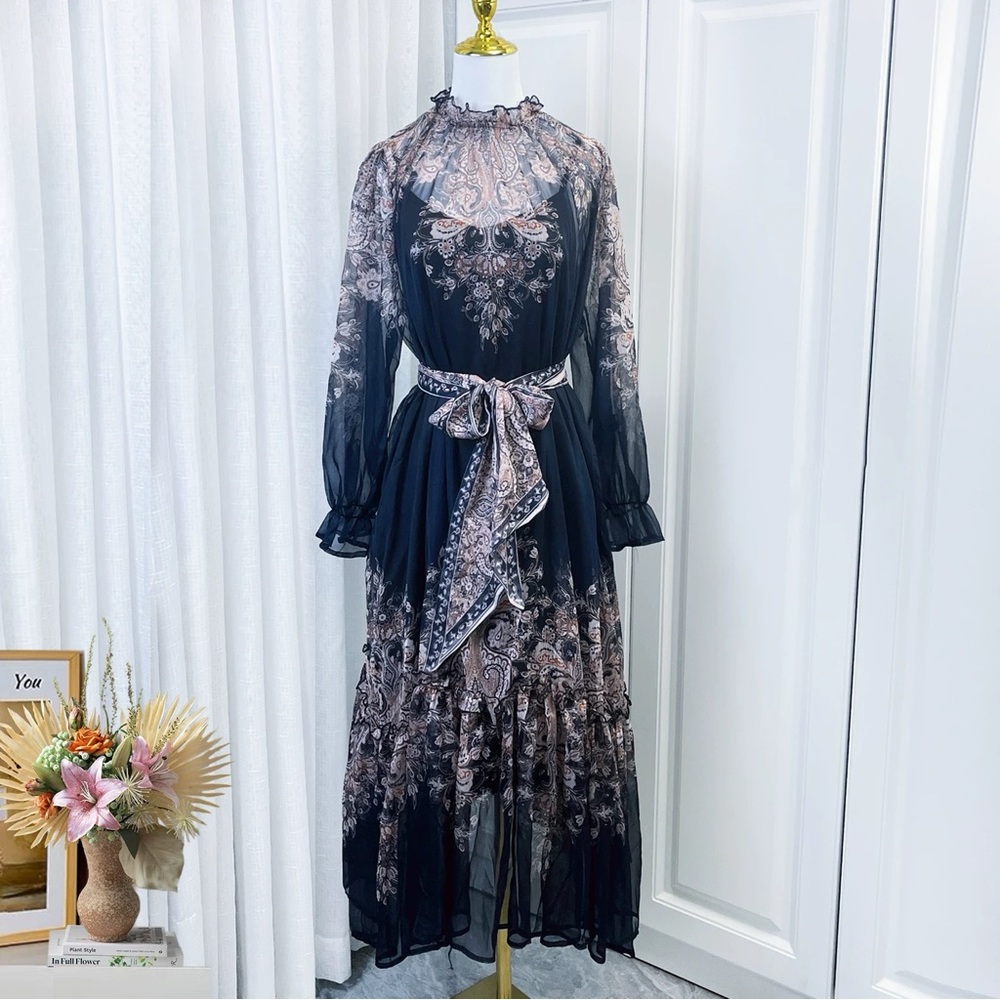 Designer-Style Black and Brown Paisley Chiffon Dress